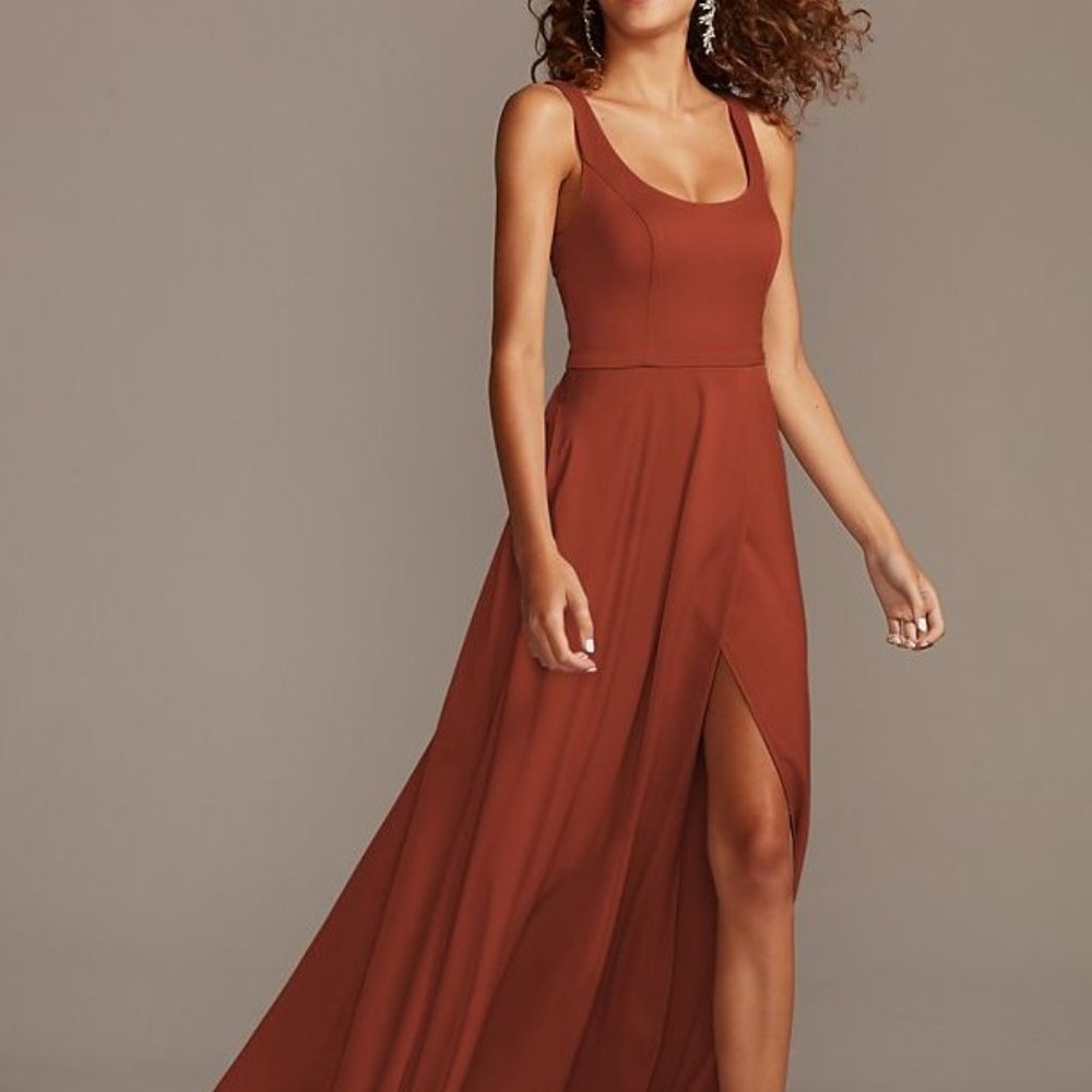 Davids Bridal Crepe-Back Satin Scoop Tank Bridesmaid Dress (Cinnamon)